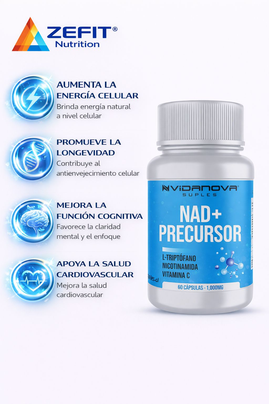 NAD+ Precursor 1000 mg con L-Triptófano, Nicotinamida y Vitamina C – 60 Cápsulas