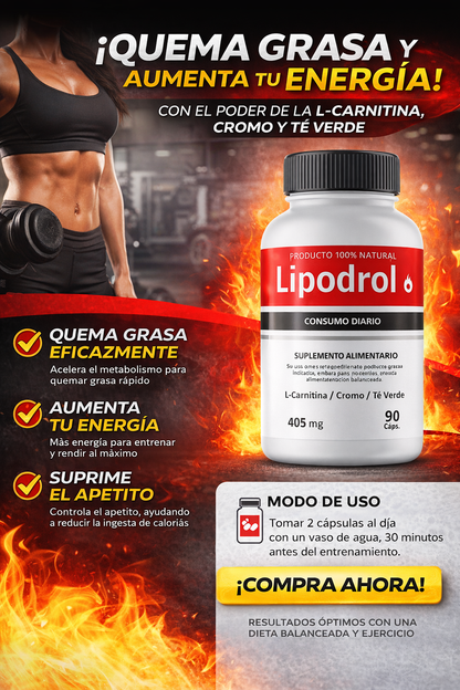 Lipodrol Quemador de Grasa Natural 405 mg | Control de Peso y Energía | 90 Cápsulas