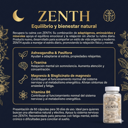 ZENTH Serenidad y Enfoque Avanzado 60 Cápsulas Suplemento Antiestrés y Claridad Mental